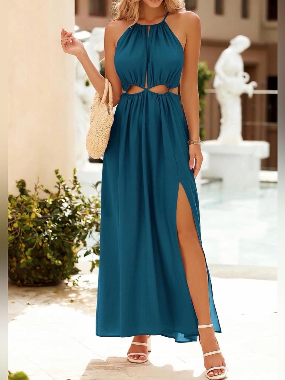 BTFDM Teal Cutout Halter Maxi Dress Small